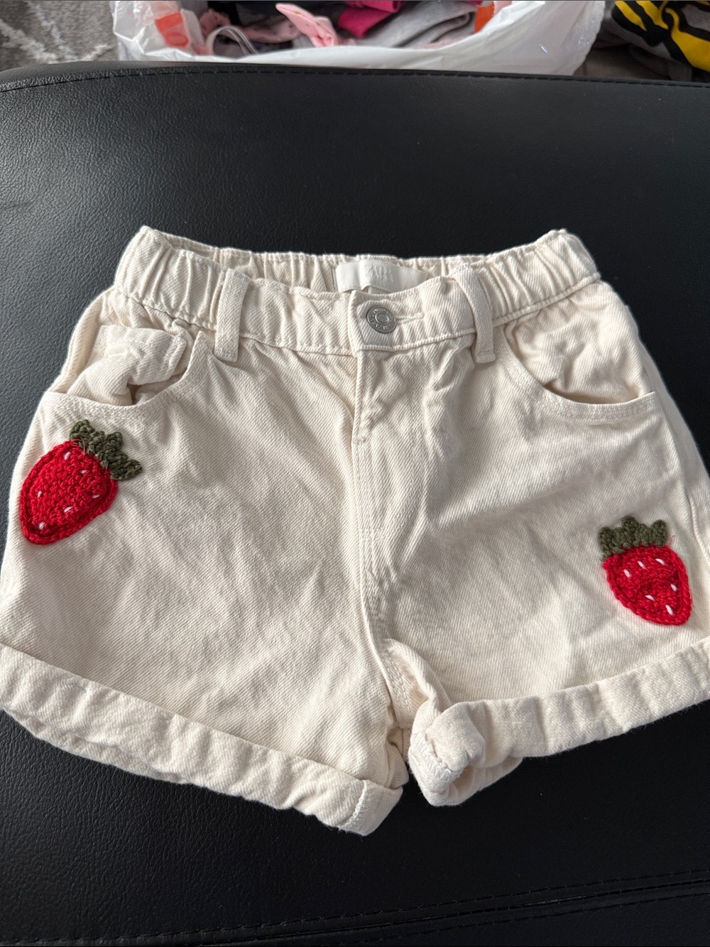 Zara Cream Shorts with Red Strawberry Appliqués